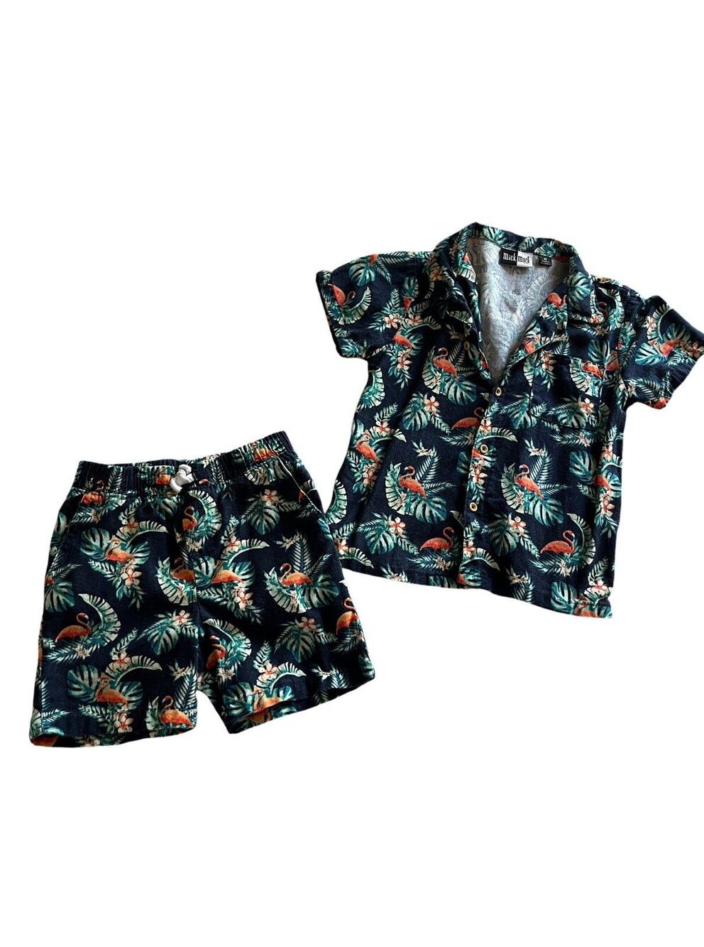Mick Mack Linen Blend Two Piece Flamingo HAWAIIAN FLORAL Shirt & Shorts Set 4T